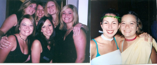 Sorority recruitment (left); toga mixer with my big sis (right)
